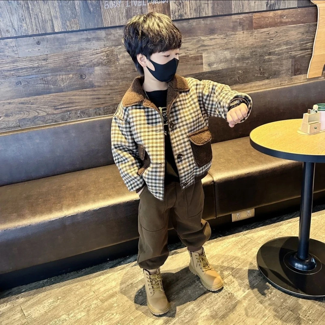 男童加绒外套秋冬装2023新款宝宝帅气夹克儿童炸街呢子大衣加厚潮