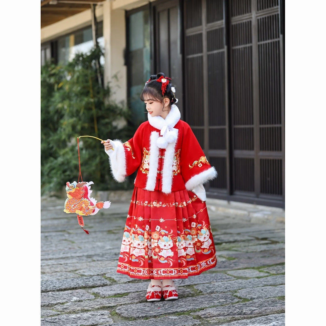 女童拜年服冬装儿童汉服马面裙套装唐装中国风红色加绒加厚新年装