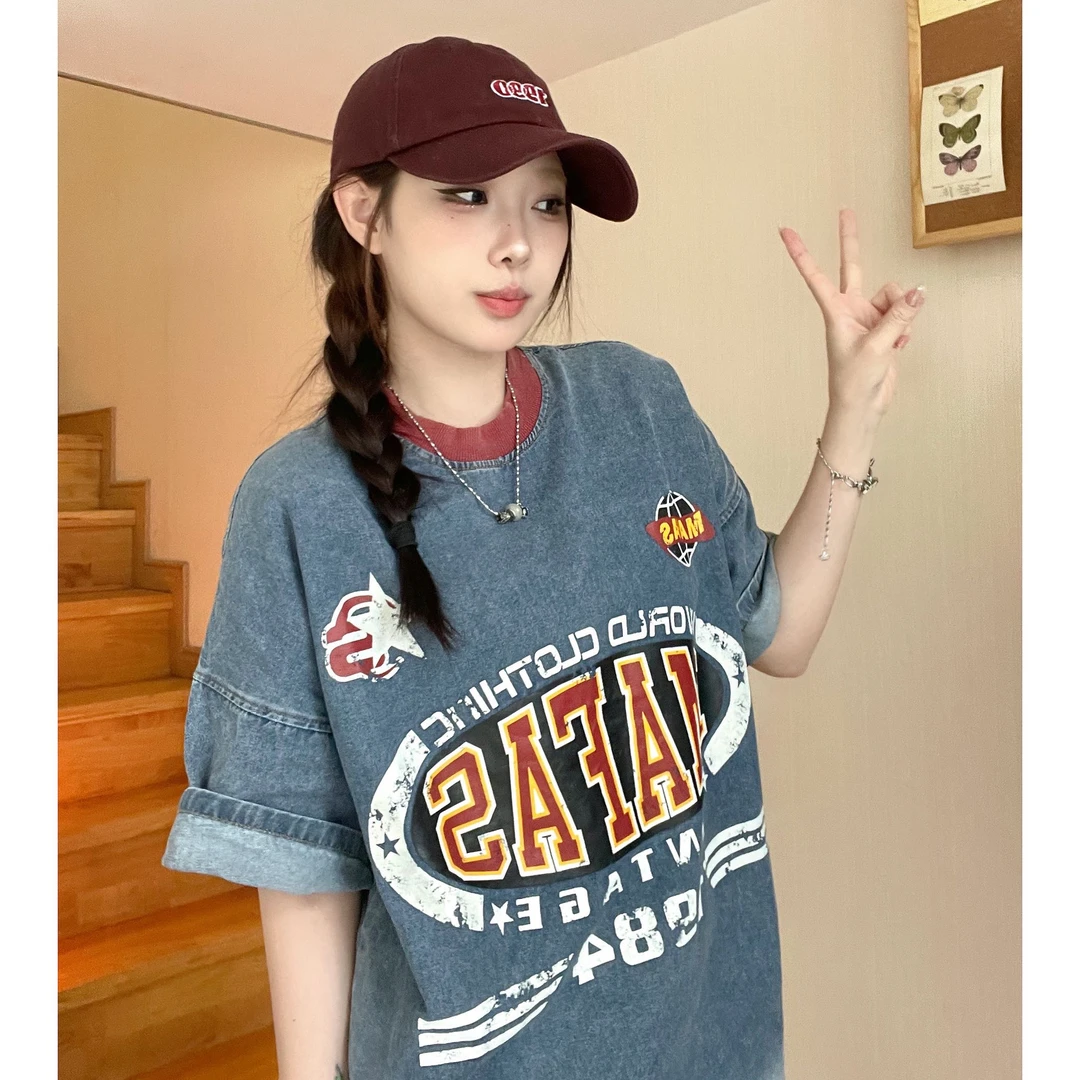iG 【拼色牛仔】小众ins夏季宽松美式复古做旧字母印花牛仔短袖T恤