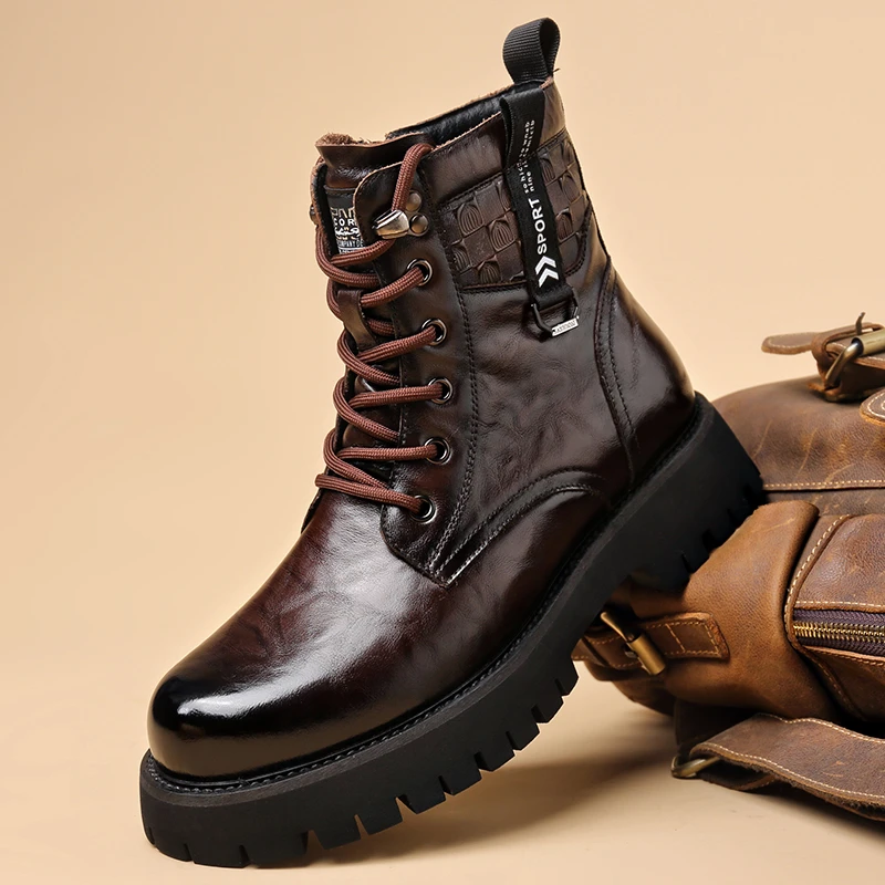 男士新款头层牛皮休闲马丁靴男真皮中帮机车靴加绒保暖英伦工装靴