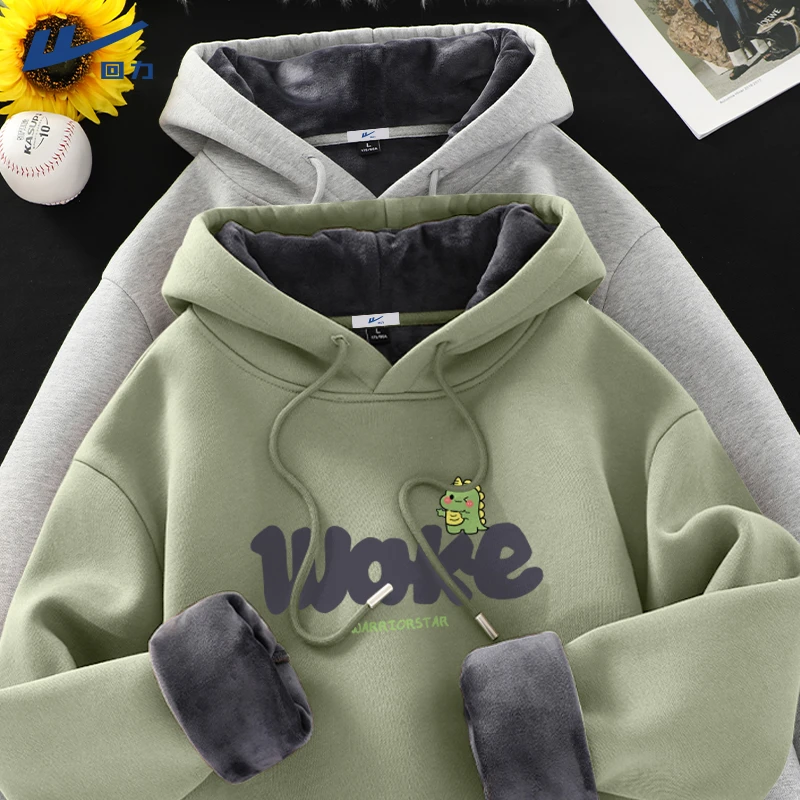 回力加绒卫衣秋冬男款连帽大码百搭男上衣青少年冬季保暖灰色外套