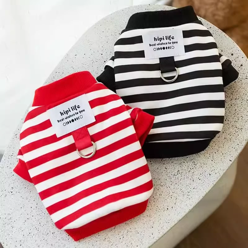 宠物狗狗衣服可牵引条纹秋装卫衣泰迪比熊猫咪宠物长袖卫衣秋冬款