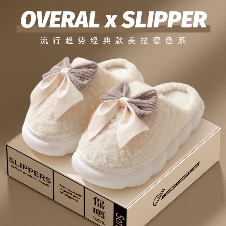 新店浮力蝴蝶结棉拖鞋女秋冬家居防滑加厚情侣防水厚底毛绒毛毛拖