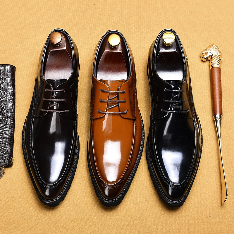 男士皮鞋春秋新款头层牛皮商务正装鞋尖头透气亮皮光面结婚新郎鞋