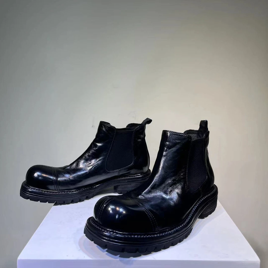 大头男切尔西皮靴水洗复古固特异男士皮鞋真皮短靴马丁靴烟筒靴