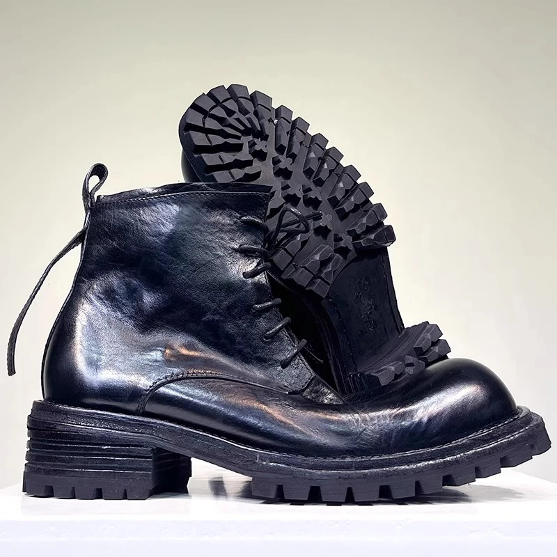 美式男士复古水洗马皮靴手工做旧真皮厚底大头增高松糕底马丁靴