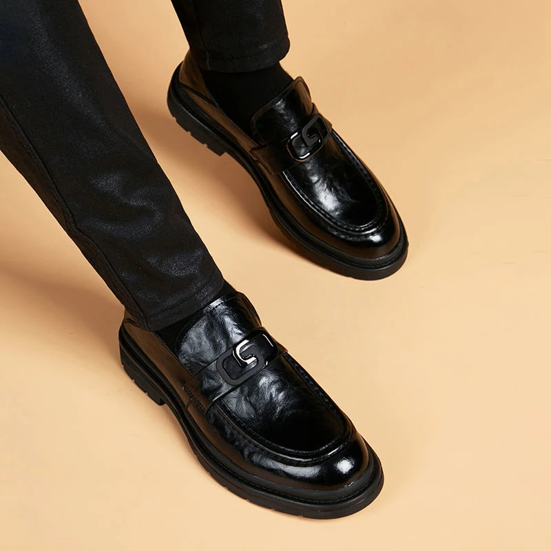 皮鞋男真皮春秋季新款英伦皮面透气薄款休闲一脚蹬软底百搭黑色潮