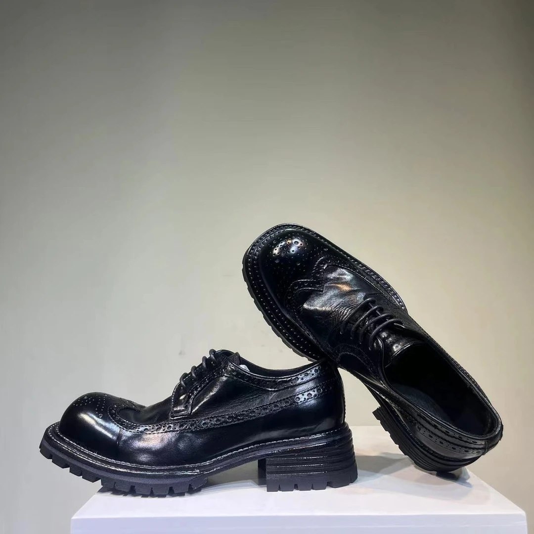 水洗马皮固特异布洛克雕花复古透气真皮大底增高休闲皮鞋男工装鞋