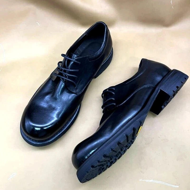 德比鞋系带圆头时尚百搭简约翘头男皮鞋水洗复古马皮大头商务休闲