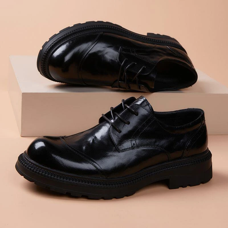 商务休闲鞋新款高级痞帅大头宽版皮鞋男头层牛皮夏季透气软皮软底