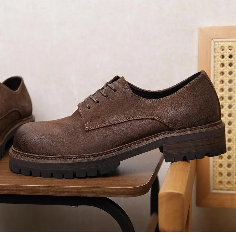 牛反绒磨砂感透气美式低帮工装鞋鞋复古厚底增高真皮休闲皮鞋男士