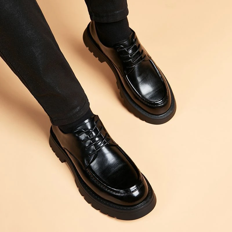 潮款秋季新款商务休闲皮鞋男真皮透气厚底增高轻便高档软皮英伦风