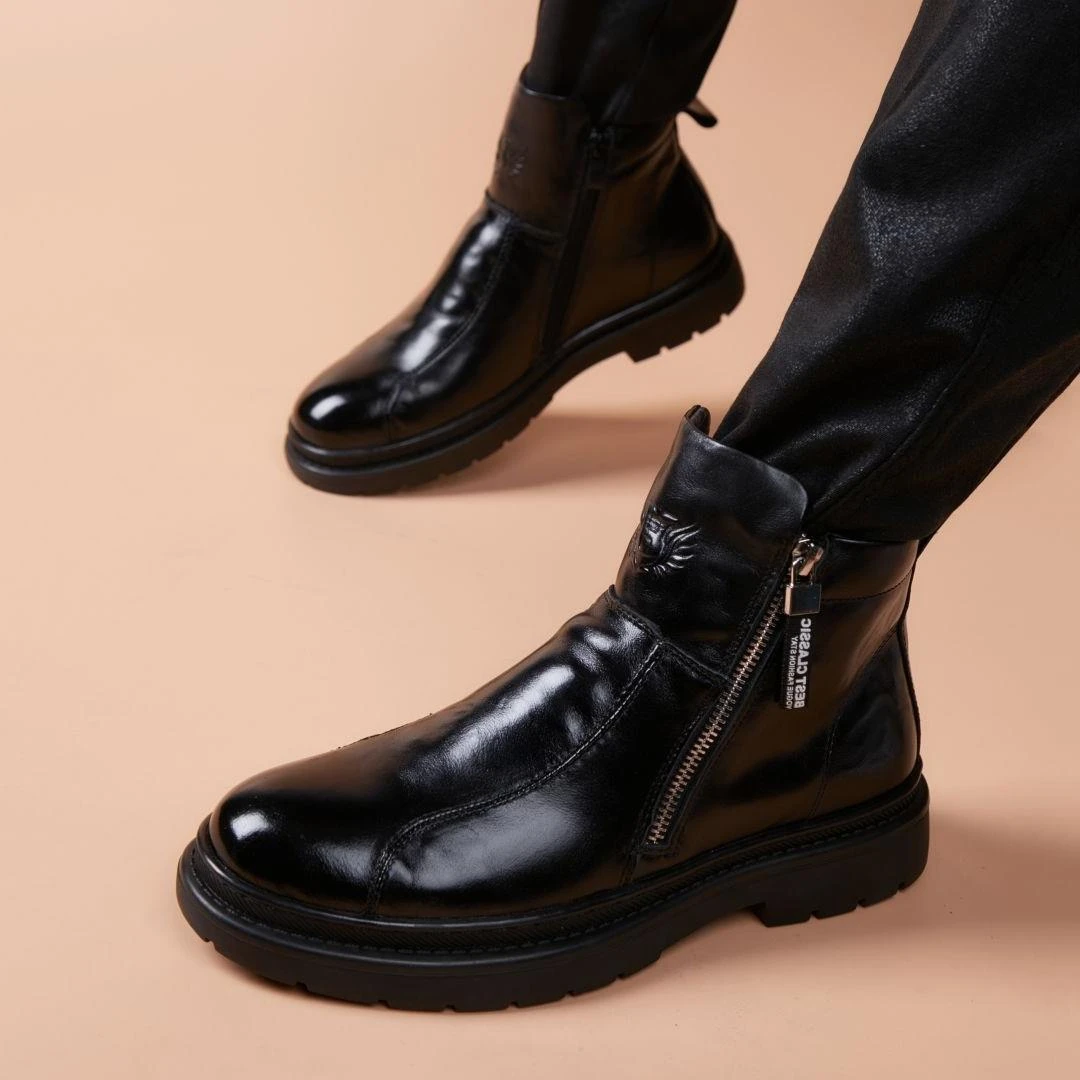 潮男时尚切尔西靴男头层牛皮短靴2025新款软皮软底马丁靴拉链皮靴