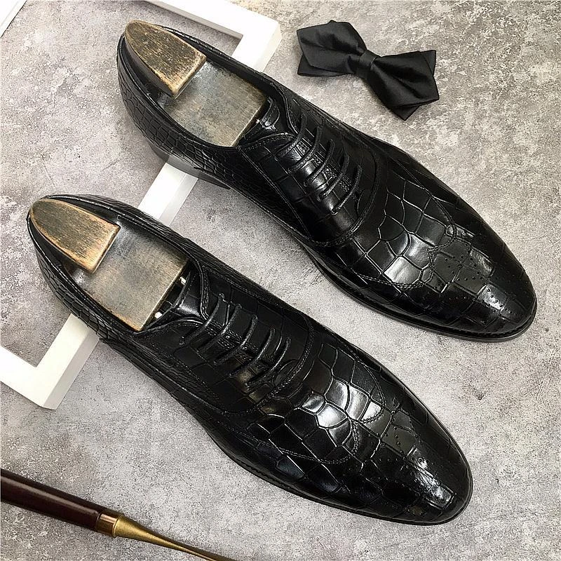 真皮布洛克雕花商务正装皮鞋男鳄鱼纹系带时尚德比鞋英伦新郎婚鞋