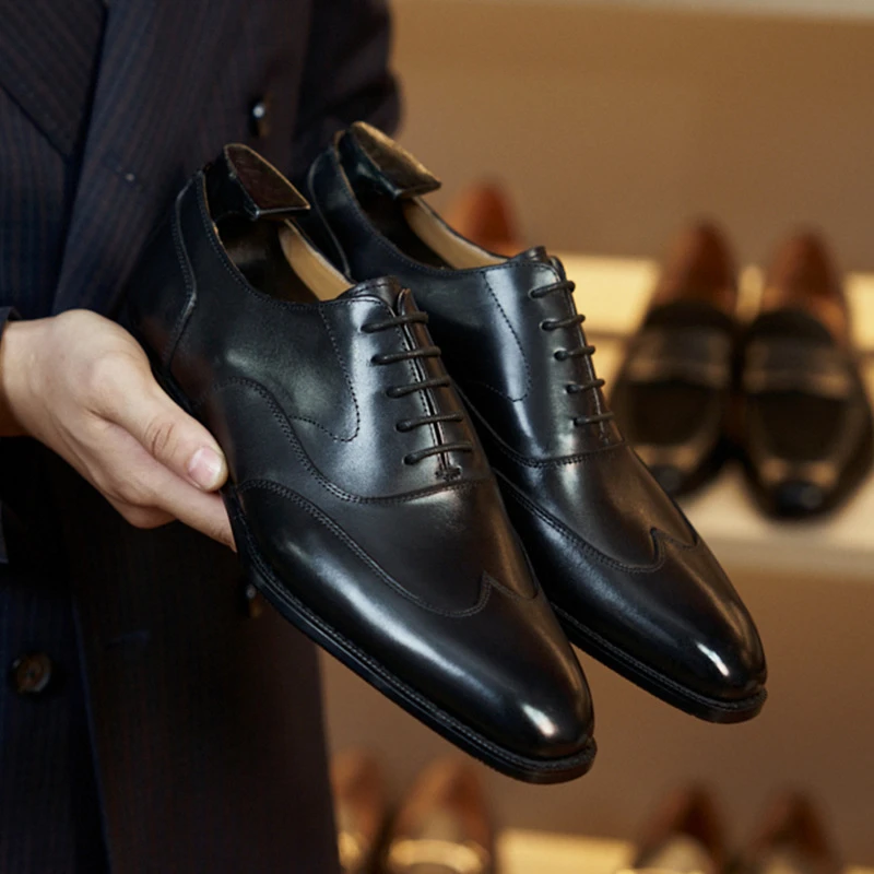 新款方头商务真皮男鞋小牛皮系带三接头英伦婚鞋舒适手工牛津鞋