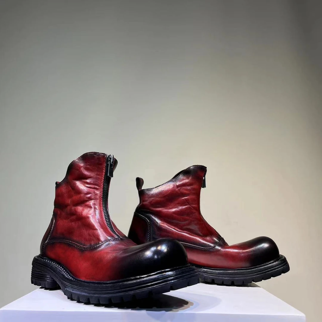 复古高档厚底高帮男马丁靴马皮增高男短筒靴手工固特异真皮男靴子