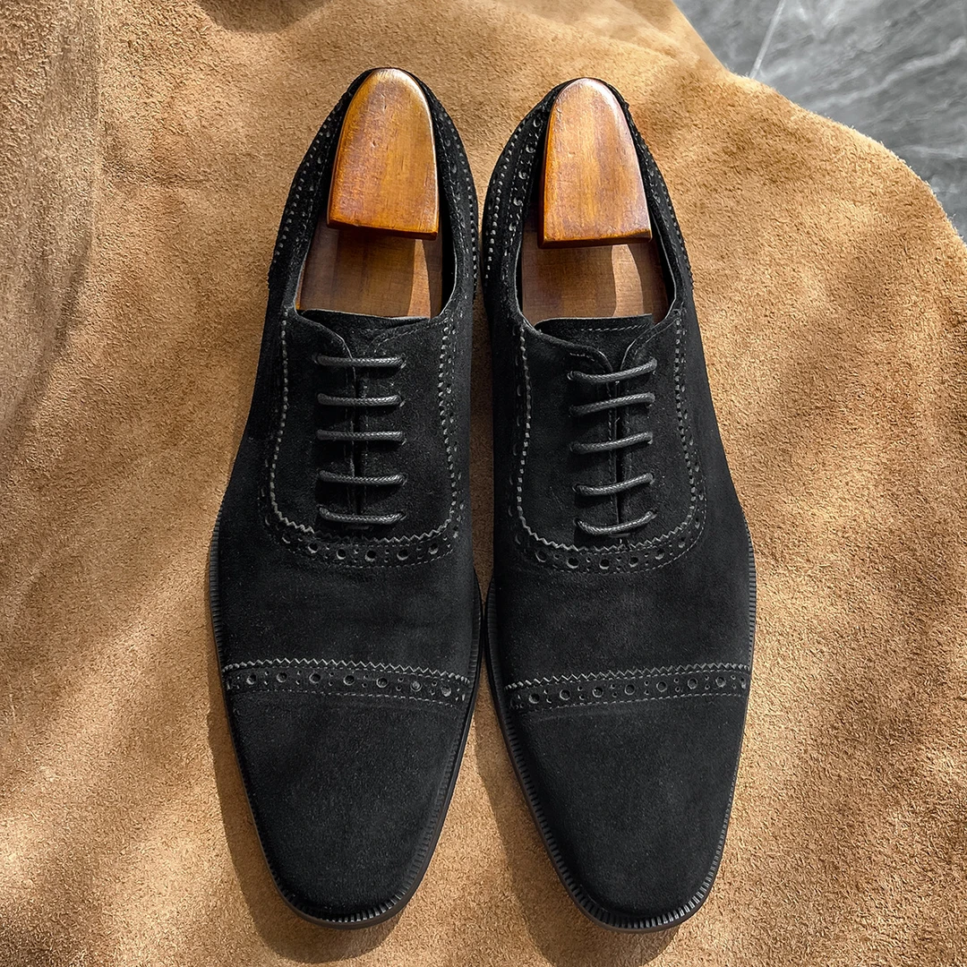 翻毛皮休闲鞋真皮绅士鞋正装手工皮鞋男反绒皮布洛克鞋方头牛津鞋