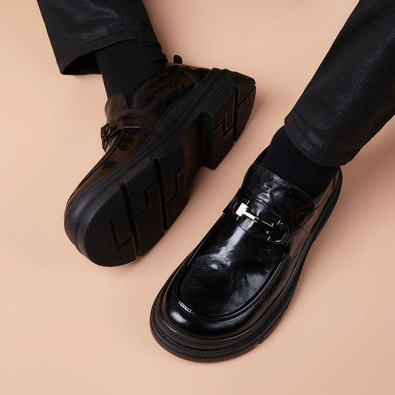 秋季透气宽版商务休闲鞋通勤增高厚底套脚乐福鞋男小羊皮软皮真皮