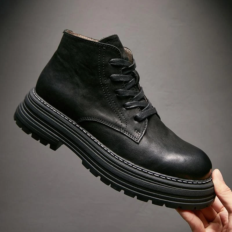 英伦风休闲工装靴秋冬季高帮马丁靴男2025新款真皮复古机车靴厚底