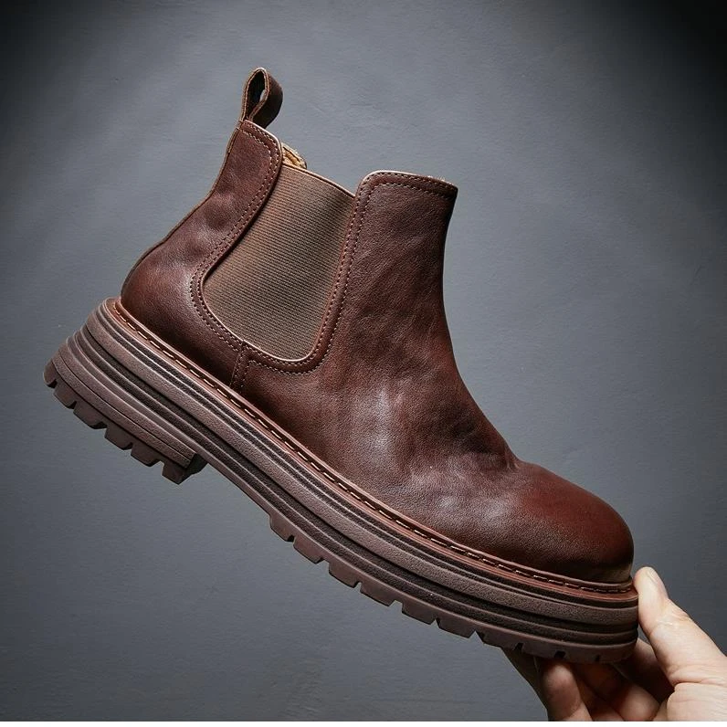 2025春秋季新款切尔西靴男真皮厚底马丁靴复古英伦风水洗牛皮短靴
