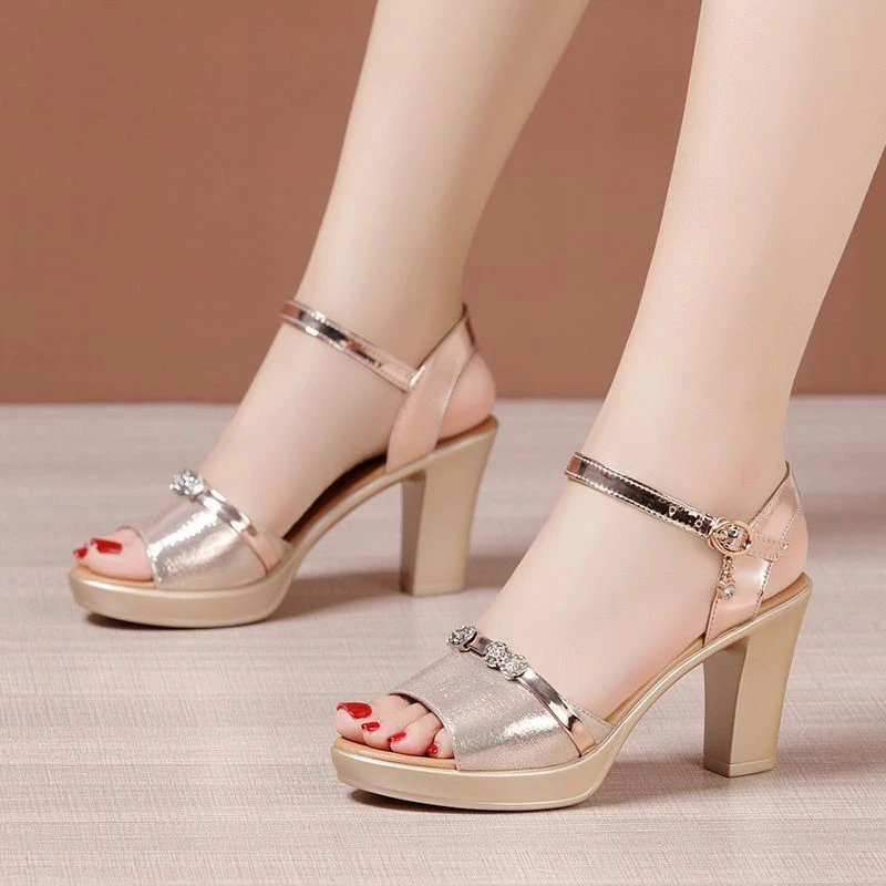 真皮金色高跟凉鞋女夏季新款防水台增高粗跟凉鞋女时尚百搭鱼嘴鞋