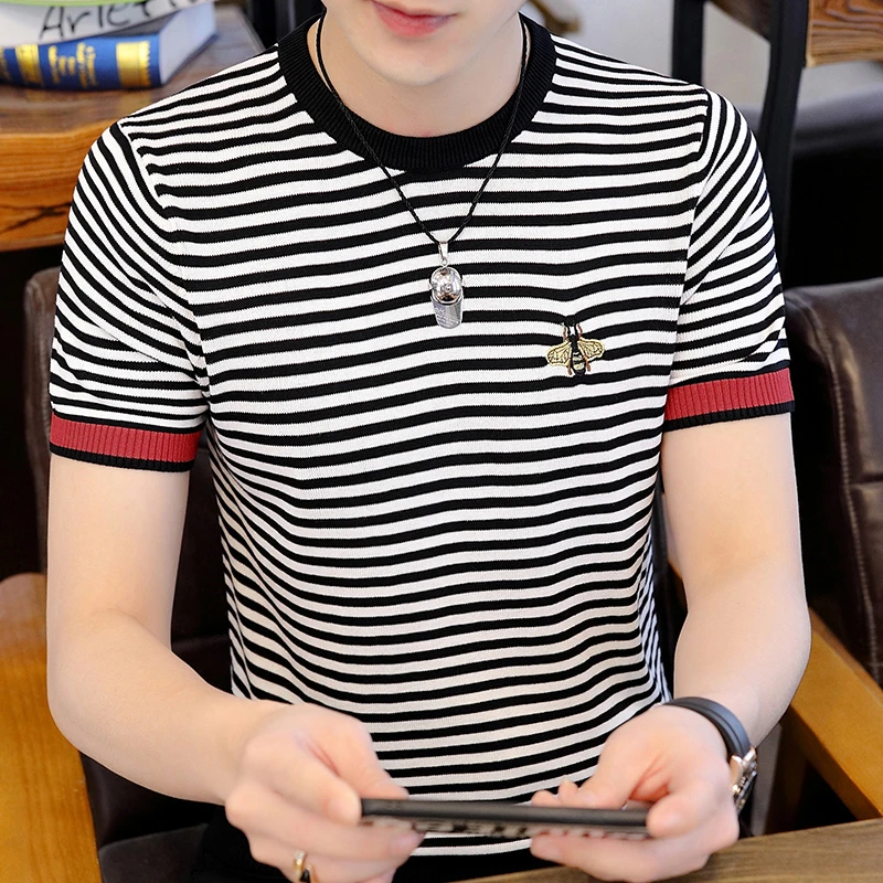 2023新夏高品质冰麻针织圆领套头短袖男士T恤时尚潮流原宿风1806