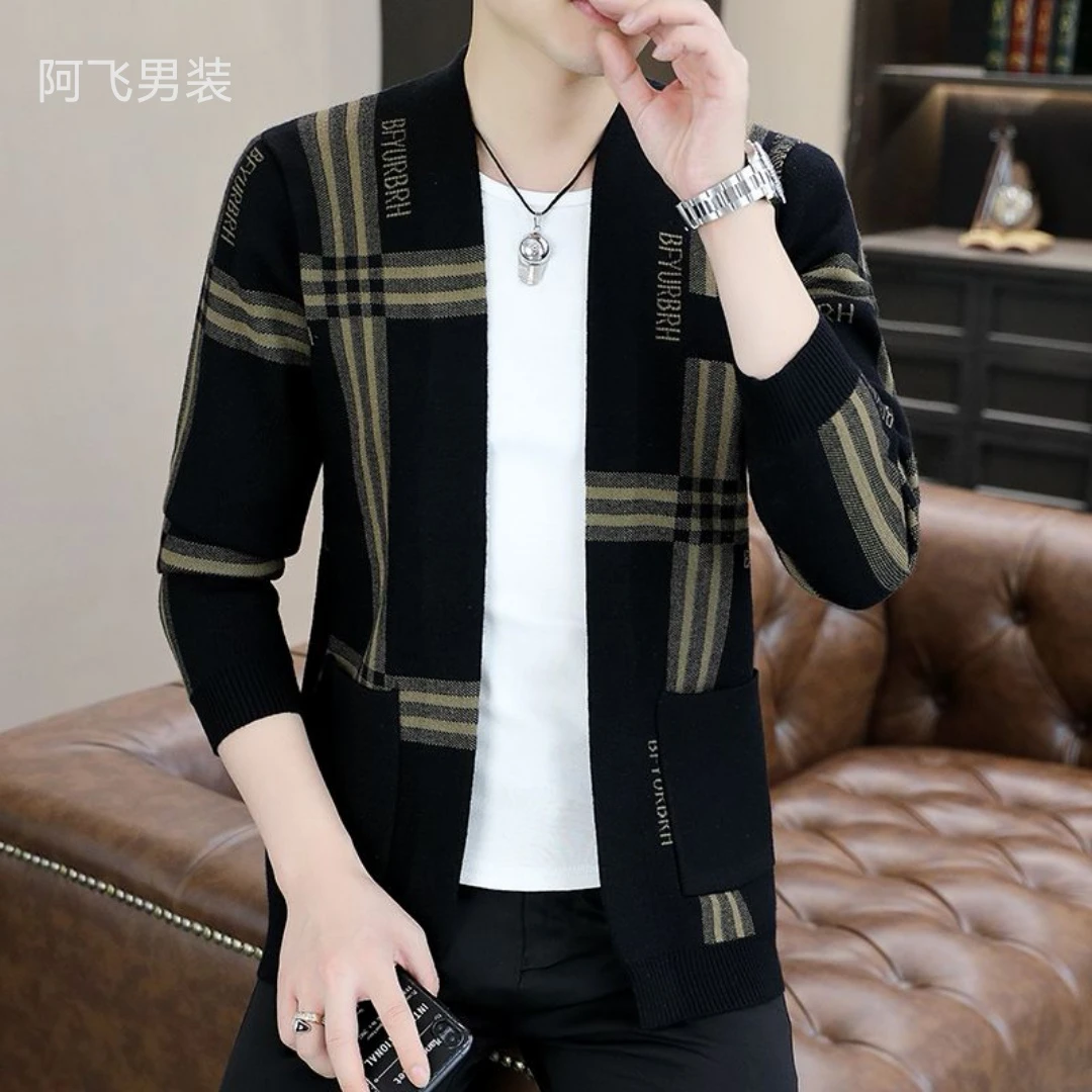 阿飞男装欧洲站男士秋季新款时尚潮流百搭针织毛衣开衫外套男帅气