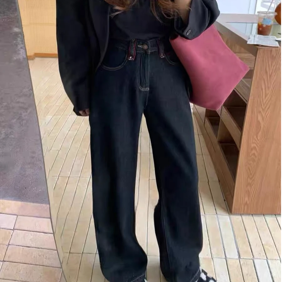 orange.冬季新款黑金色高腰显瘦阔腿直筒牛仔裤