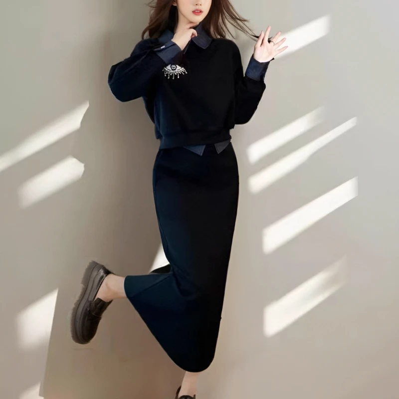 减龄一整套穿搭女新款时尚翻领上衣直筒半身裙子两件套