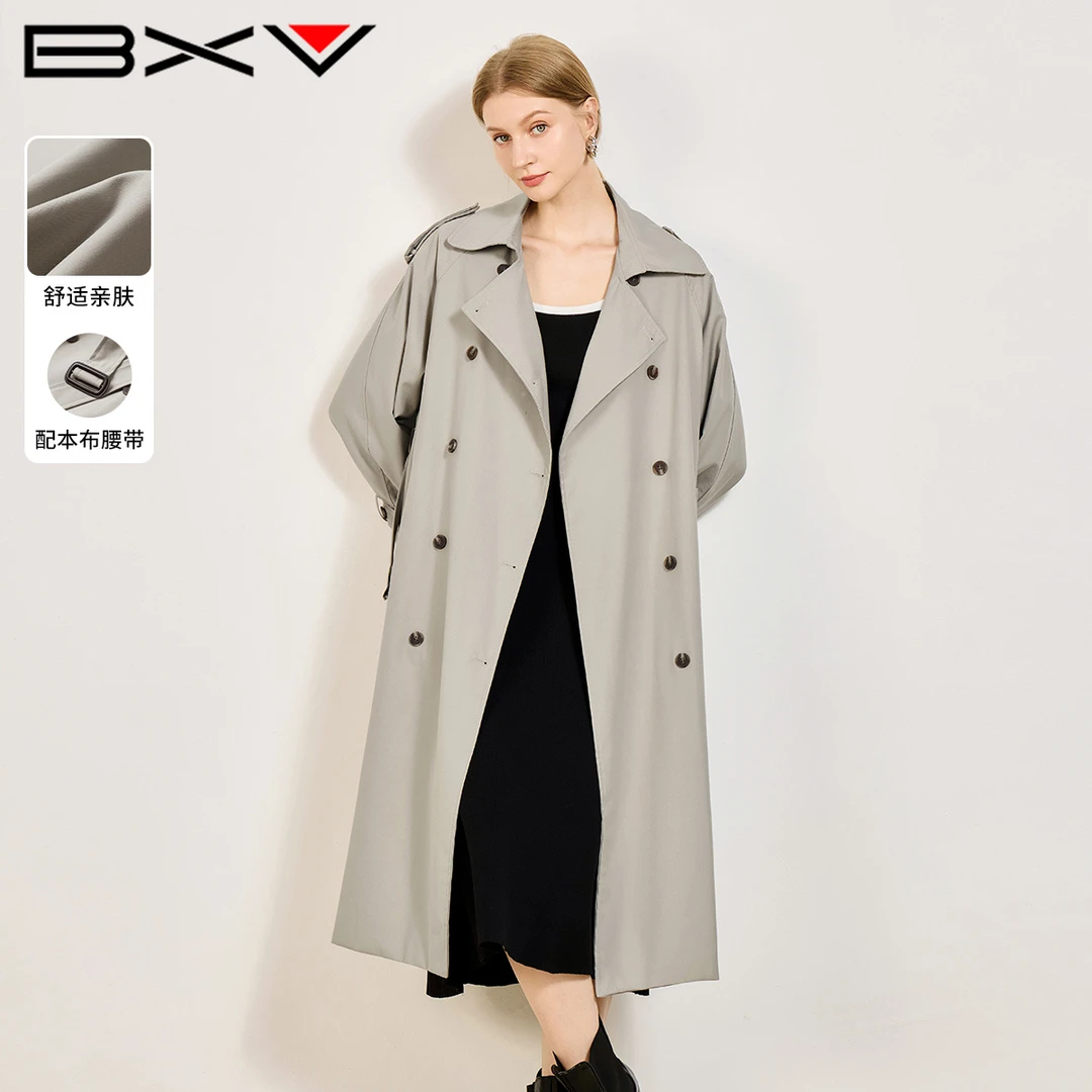 BXV英伦风双排扣风衣女中长款2025春季气质宽松休闲系带外套3367