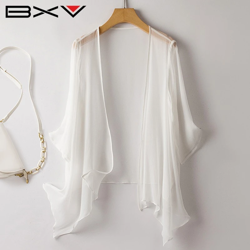 BXV100%桑蚕丝上衣女2024夏新款薄款开衫百搭披肩真丝防晒衣外搭