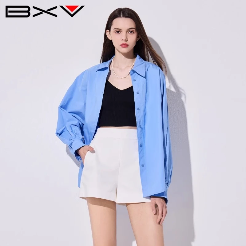 BXV纯棉灯笼袖衬衫女2025春季新款宽松设计感纯色慵懒风衬衣外套