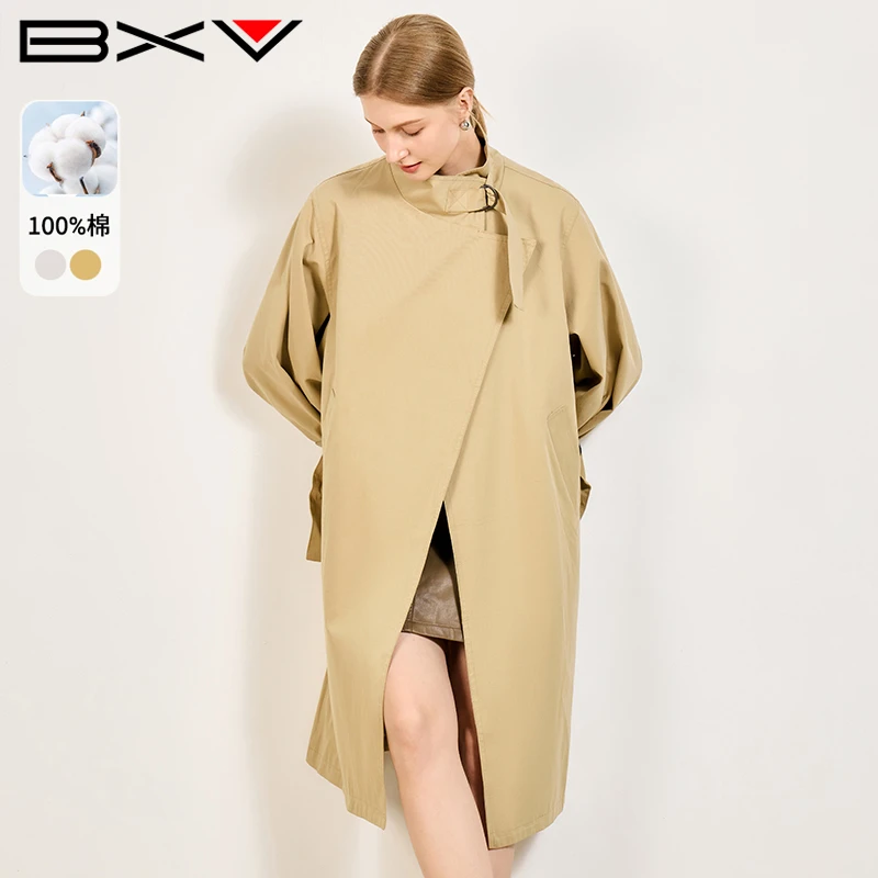 BXV卡其色小立领风衣女中长款2025春季宽松设计感长款外套潮80766