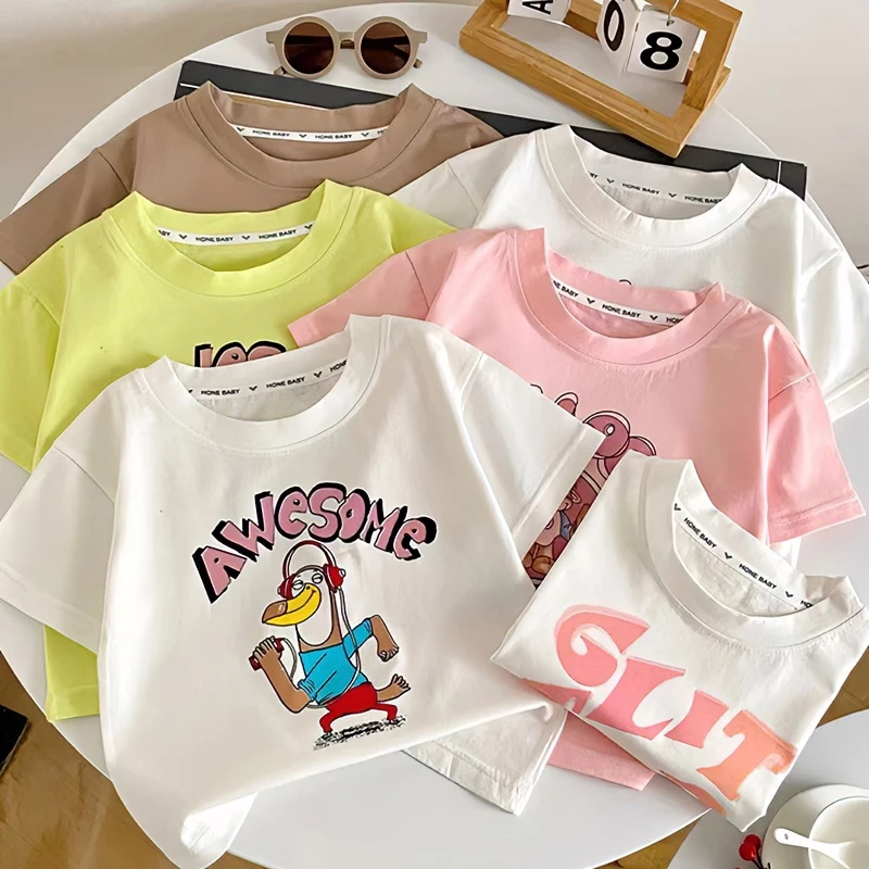夏季新款纯棉男童女童潮流圆领韩版洋气百搭可爱宽松儿童短袖T恤