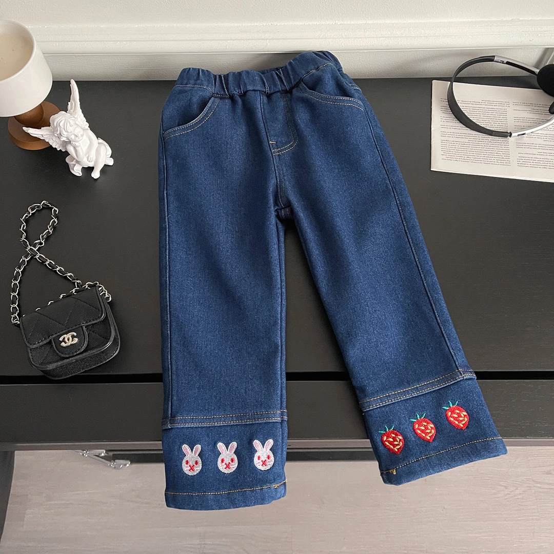 女童牛仔裤冬季2023新款一体绒洋气儿童修身铅笔裤加绒冬装68196