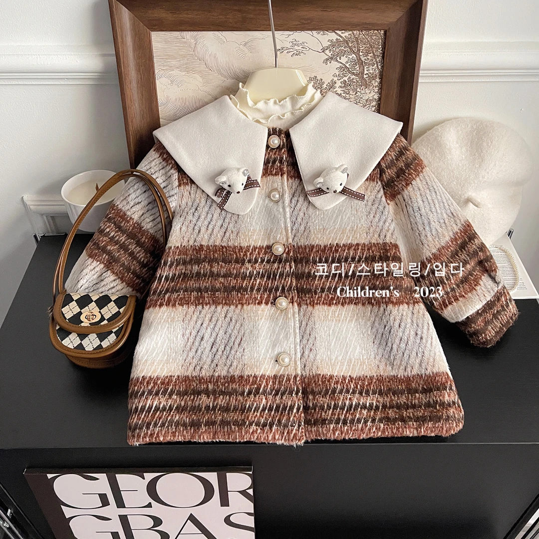 韩版女童中长款大衣冬装2023新款洋气儿童时尚夹棉毛呢外套D68161