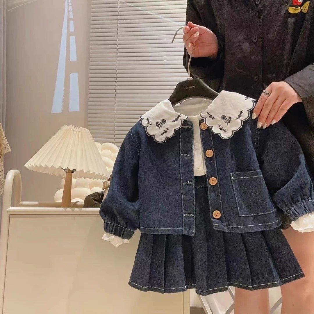 女童洋气云朵领刺绣衬衫短款牛仔外套短裙两件套2023新秋装Q67211