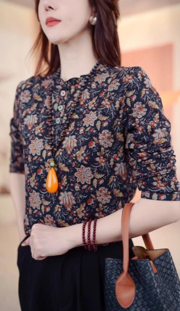 2024秋冬新款云树之思优雅立领小衫套头衬衫瘦长袖上衣女保暖打底