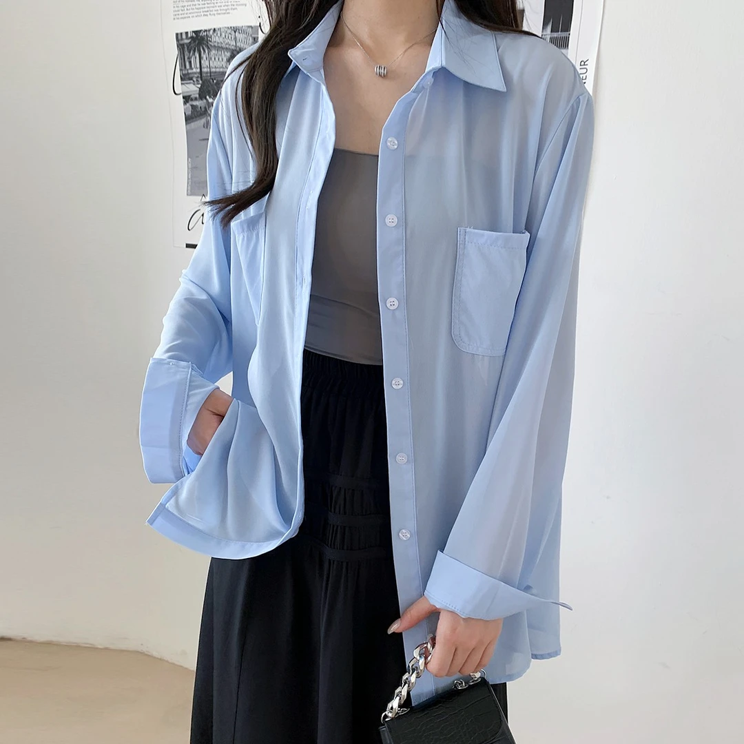 9008韩版休闲蓝色防晒衬衫女夏季宽松雪纺衫中长款设计感薄款上衣