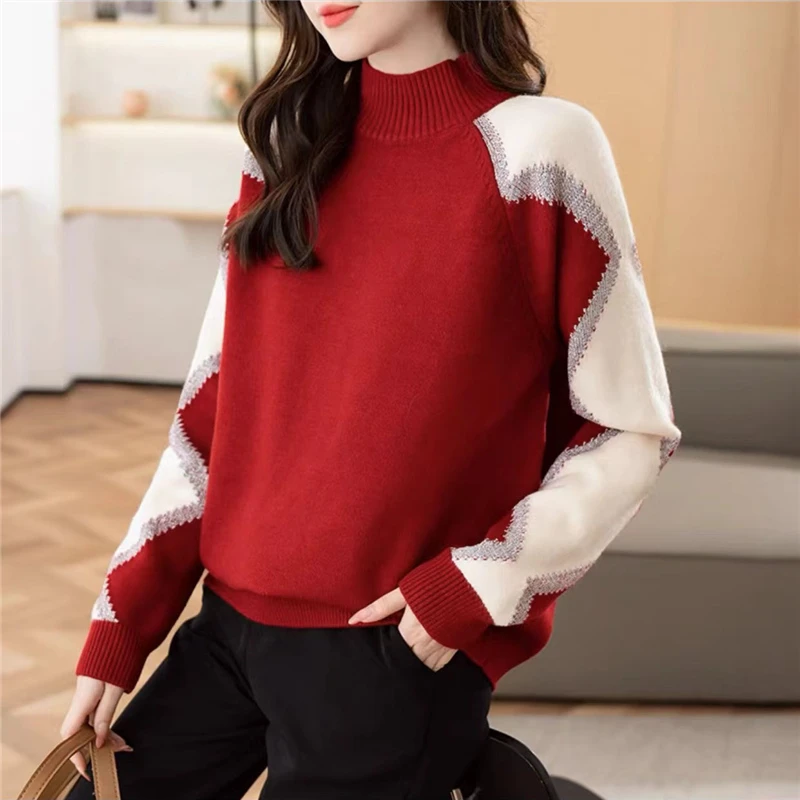 阿咪-JS半高领加厚亮丝拼色毛衣内搭打底衫时尚宽松洋气针织上衣