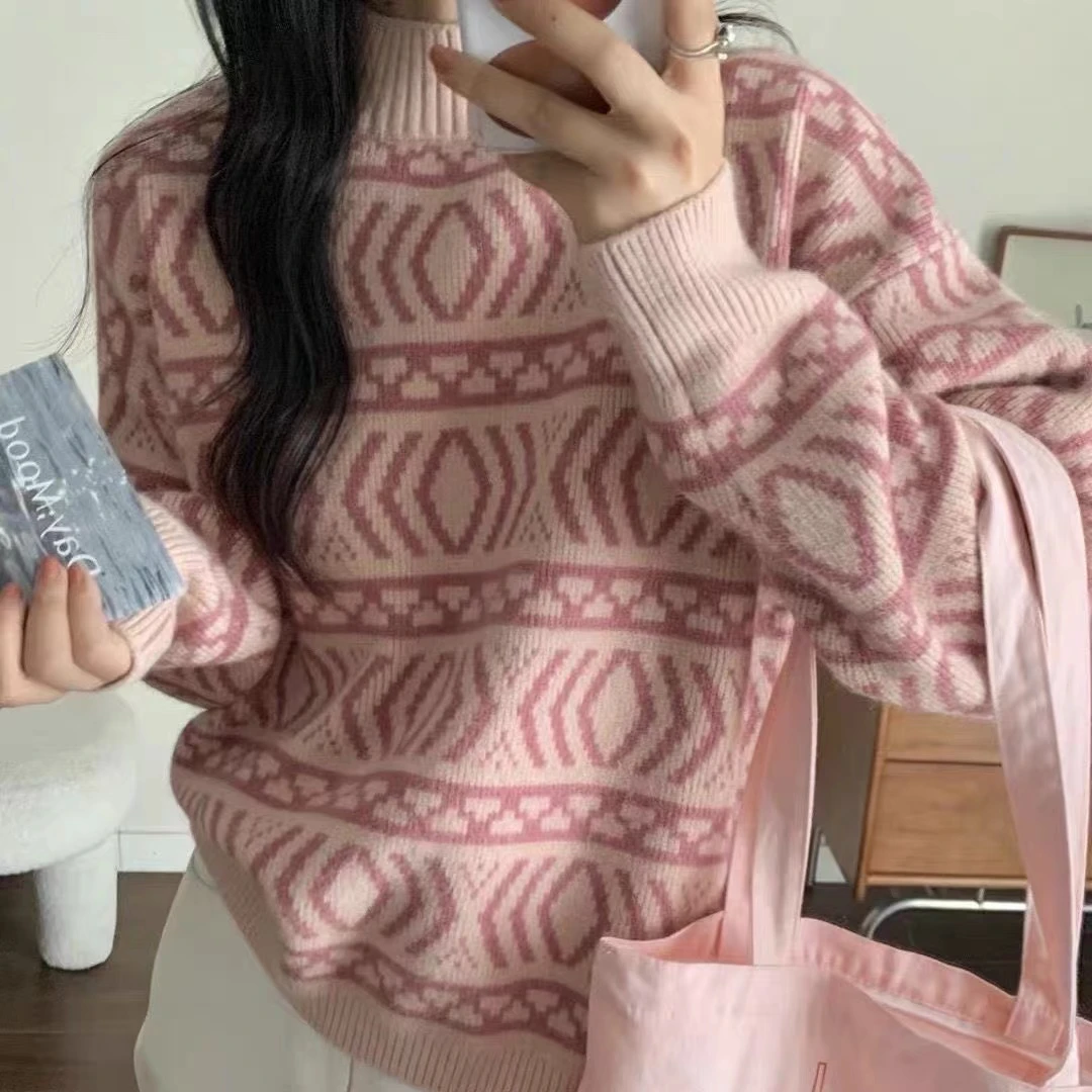 阿咪C4提花半高领厚毛衣撞色洋气内搭慵懒风设计长袖打底针织上衣