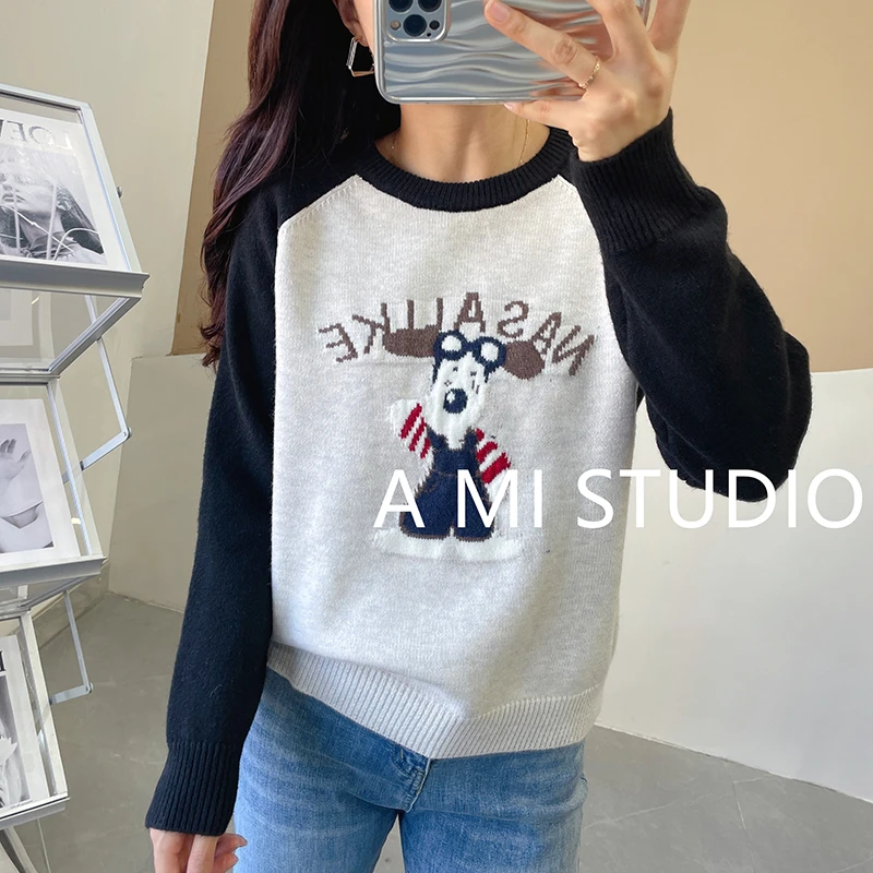 阿咪-C31秋冬新圆领卡通小熊提花针织衫撞色毛衣韩版显瘦宽松上衣