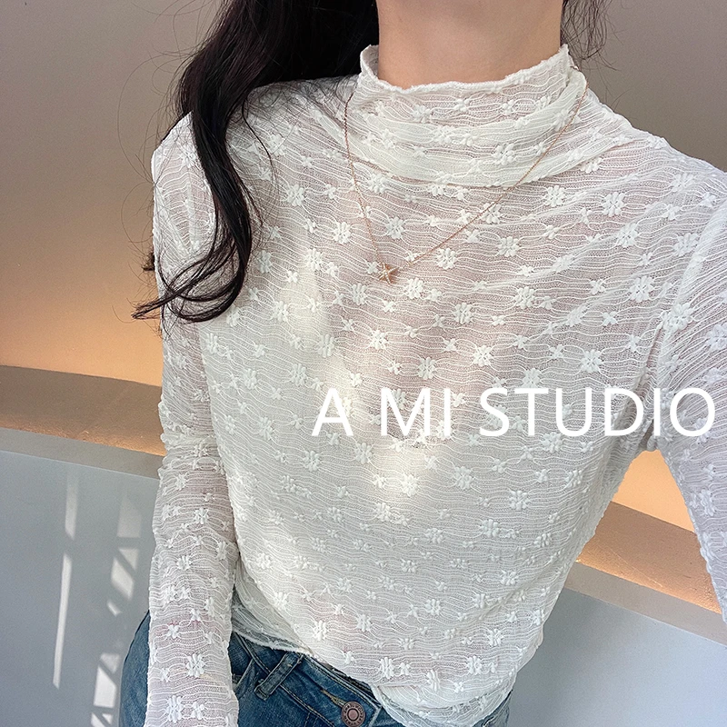 薄款半高领蕾丝打底衫女内搭木耳边春季新款高级感洋气镂空上衣
