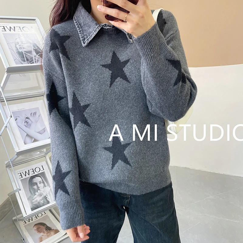 阿咪-ML假两件牛仔领毛衣外套女新款厚慵懒风秋冬洋气针织上衣