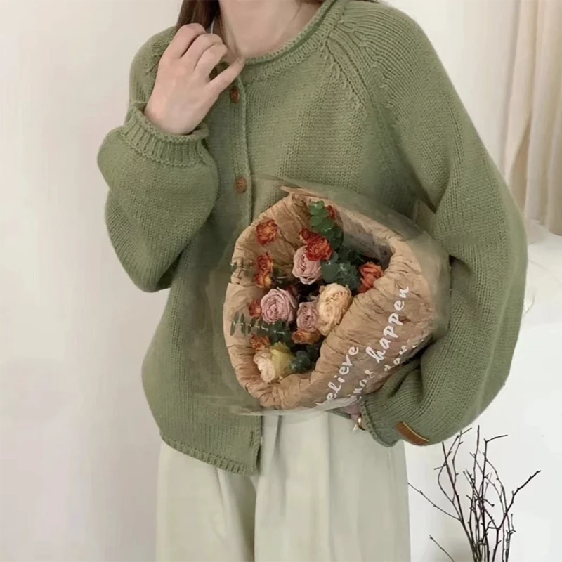 阿咪-ML韩系慵懒风卷边领纯色毛衣针织开衫秋季新圆领慵懒风外套