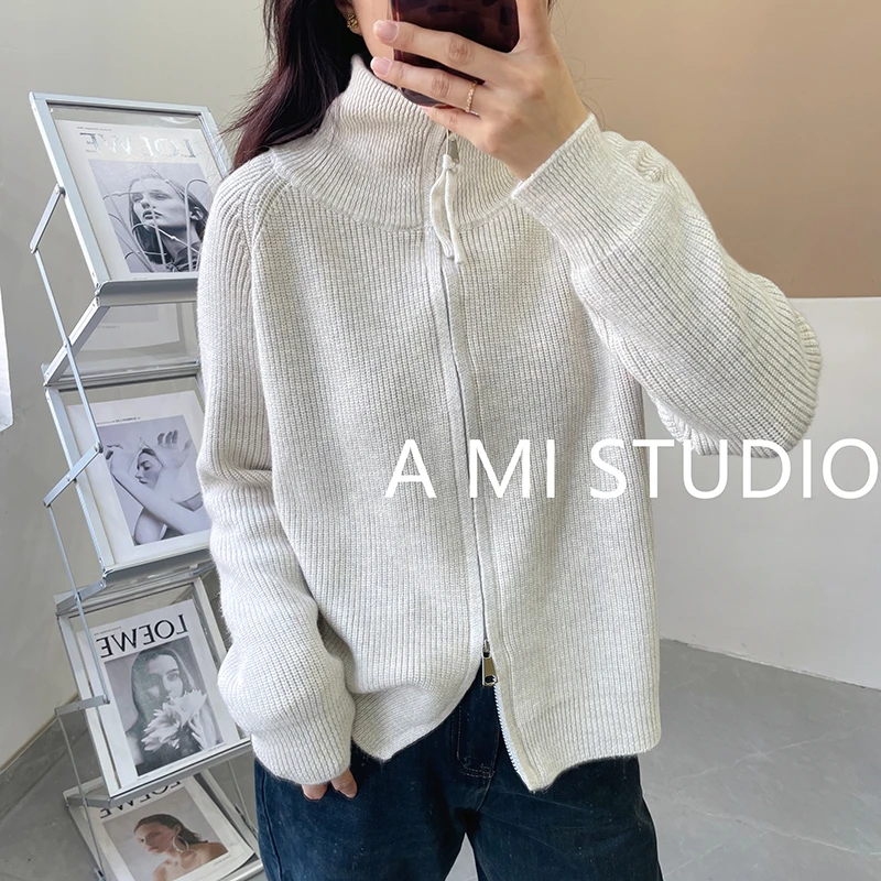 阿咪-C99高领双拉链高级感打底毛衣女加厚宽松坑条针织衫设计外套