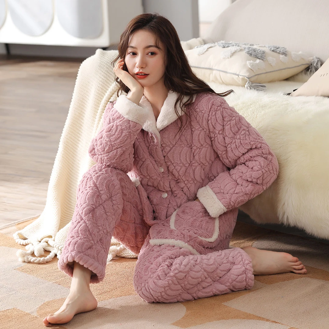 【三层夹棉】冬季加绒保暖兔绒夹棉家居服睡衣可外穿睡衣女套装加厚