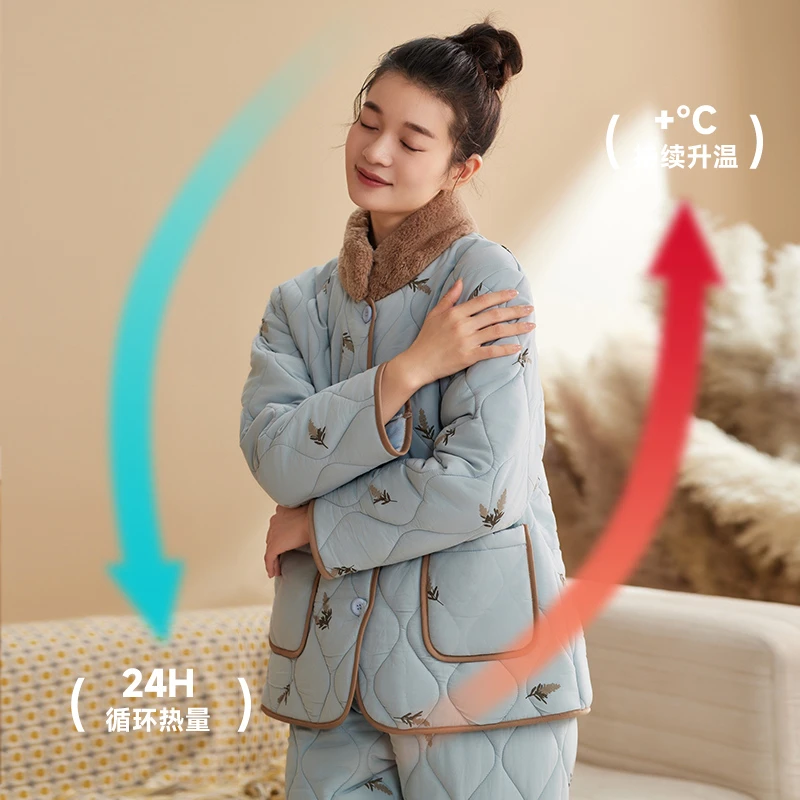 秋鹿三层加绒加厚夹棉睡衣女秋冬款纯棉家居服