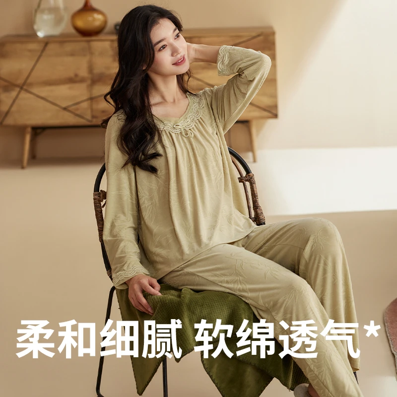 秋鹿针织提花（竹叶）方领长袖长裤春秋季女款睡衣套装