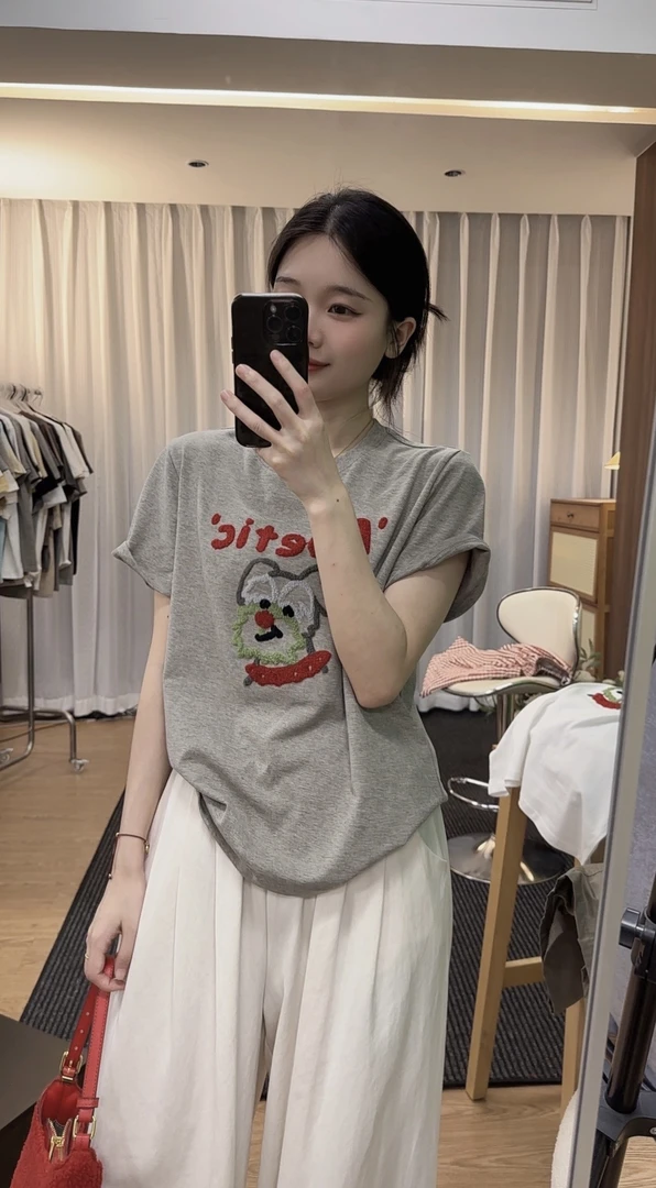 sweet c【雪纳瑞】W630#2025夏季韩系女装短袖正肩T恤宽松百搭